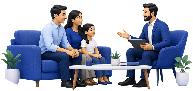 An Alice Blue advisor guiding a family through an insurance purchase