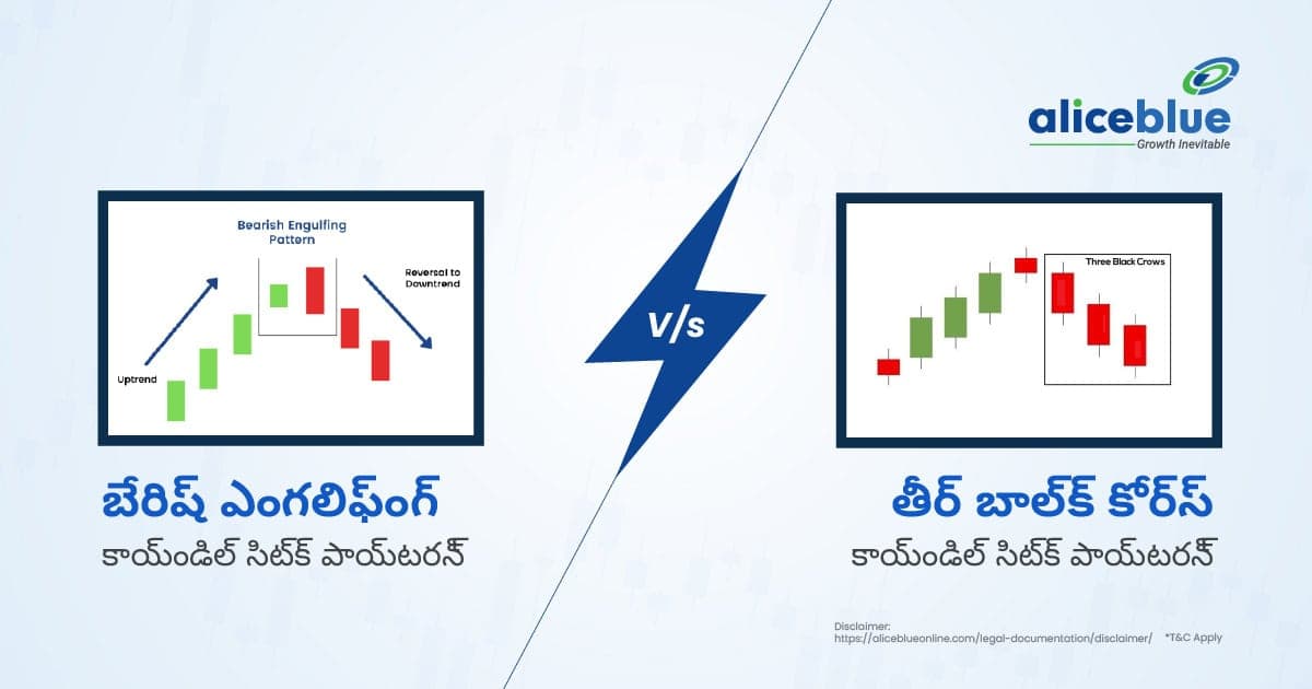 బేరిష్ ఎంగల్ఫింగ్ క్యాండిల్ స్టిక్ ప్యాటర్న్ మరియు త్రీ బ్లాక్ క్రోస్ క్యాండిల్ స్టిక్ ప్యాటర్న్ మధ్య వ్యత్యాసం – Bearish Engulfing Candlestick Pattern vs Three Black Crows Candlestick Pattern In Telugu - featured image
