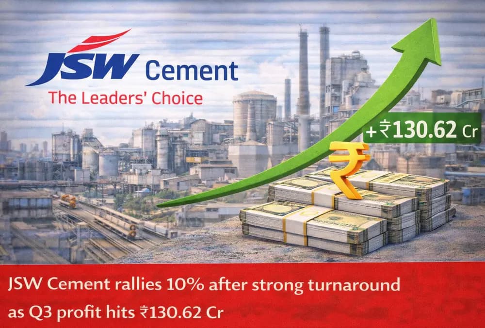 JSW Cement में 10% की तेज़ी, मज़बूत सुधार के बाद Q3 मुनाफ़ा ₹130.62 करोड़ पहुँचा।