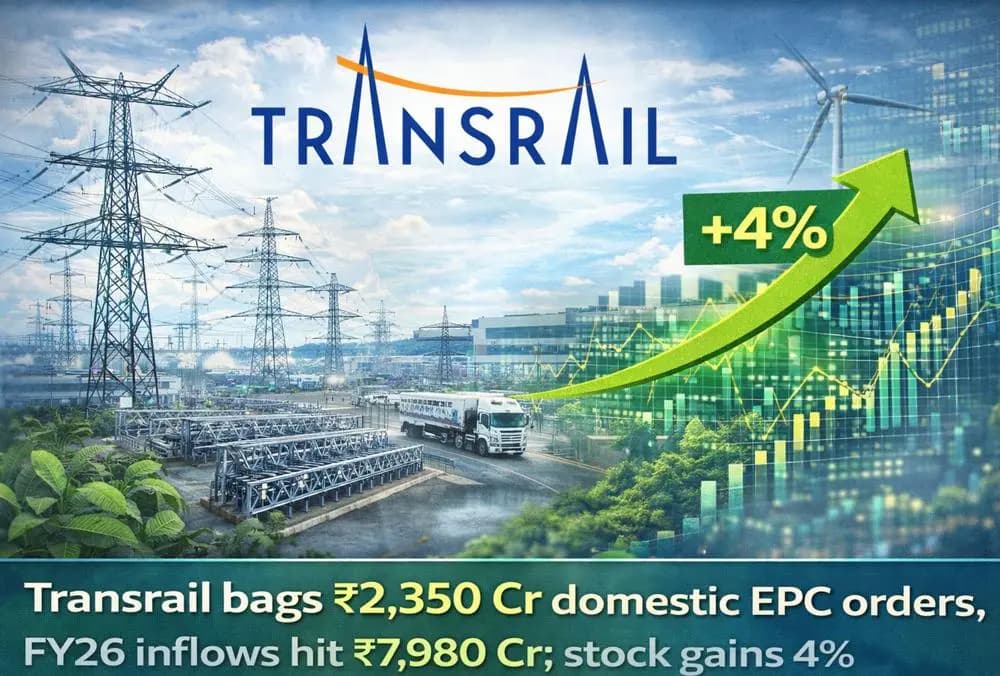 Transrail के ₹2,350 करोड़ के घरेलू EPC ऑर्डर हासिल करने और FY26 में इनफ्लो ₹7,980 करोड़ पर पहुंचने के बाद; शेयर में 4% की बढ़त।