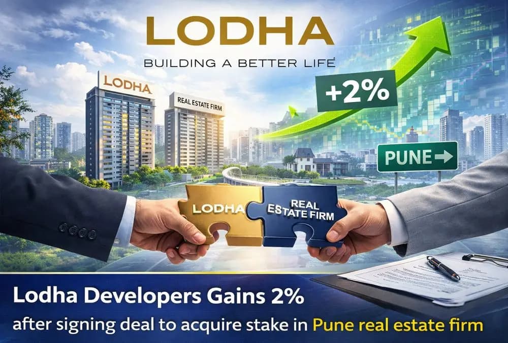 Lodha Developers को पुणे की रियल एस्टेट कंपनी में हिस्सेदारी हासिल करने के सौदे के बाद 2% बढ़त।