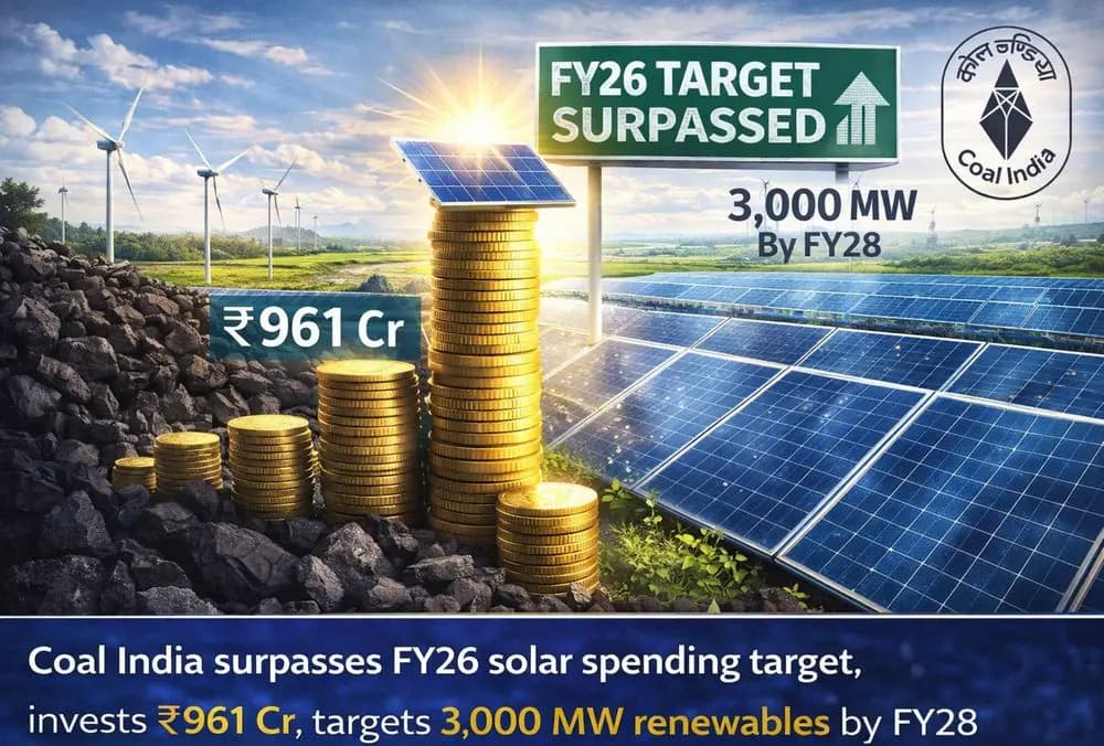 Coal India ने FY26 के सोलर खर्च लक्ष्य को पार किया, ₹961 करोड़ निवेश किए, FY28 तक 3,000 MW रिन्यूएबल्स का लक्ष्य निर्धारित किया।