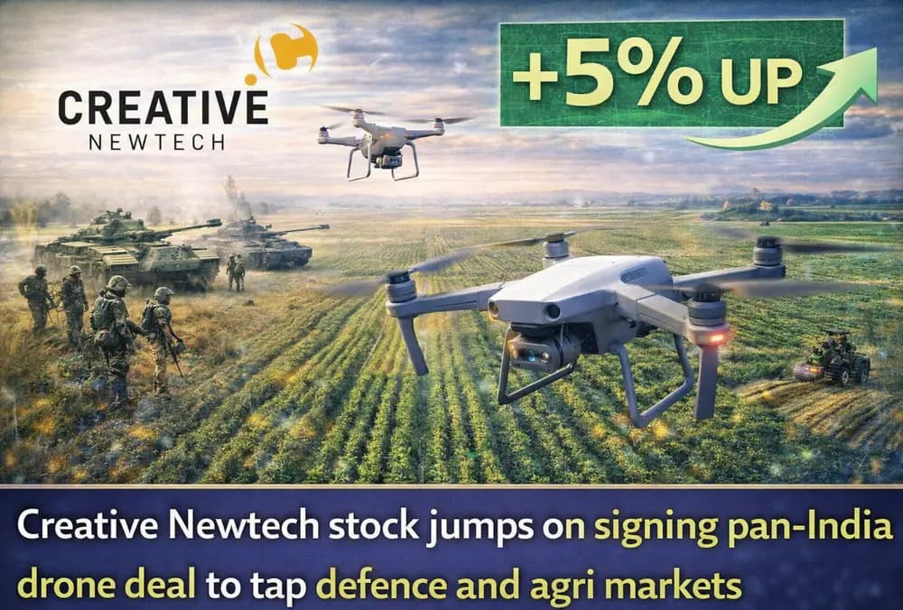 Creative Newtech के शेयर में उछाल, पैन-इंडिया ड्रोन डील से रक्षा और कृषि बाजार पर पकड़ बनाने के लिए।
