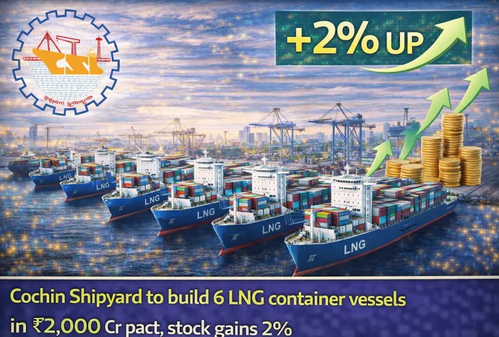Cochin Shipyard के शेयर में 2% की बढ़त, 6 LNG कंटेनर जहाज बनाने के लिए ₹2,000 करोड़ के समझौते के बाद।
