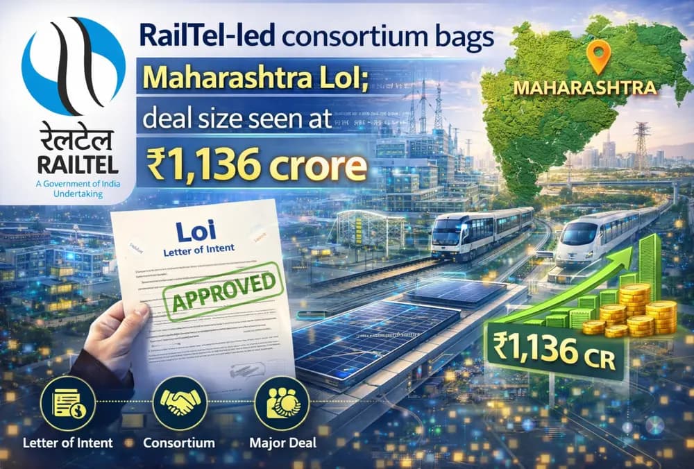 RailTel-नेतृत्व वाले कंसोर्टियम को महाराष्ट्र LoI मिला; डील का आकार ₹1,136 करोड़ आंका गया।