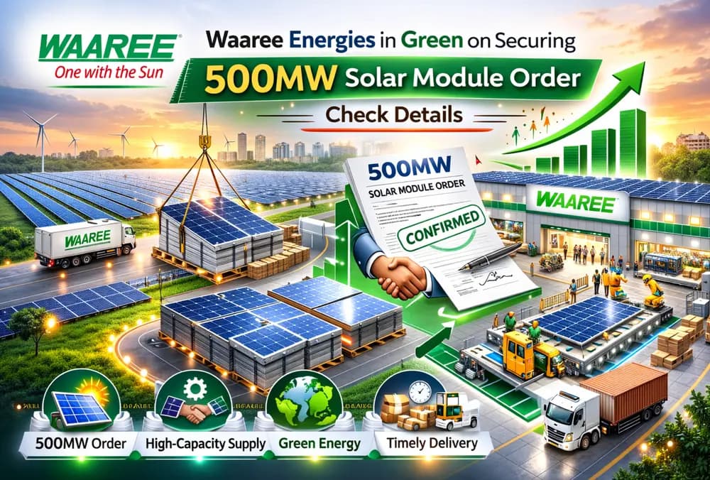 500MW सोलर मॉड्यूल ऑर्डर मिलने से Waaree Energies के शेयर हरे निशान में, विवरण यहां देखें।