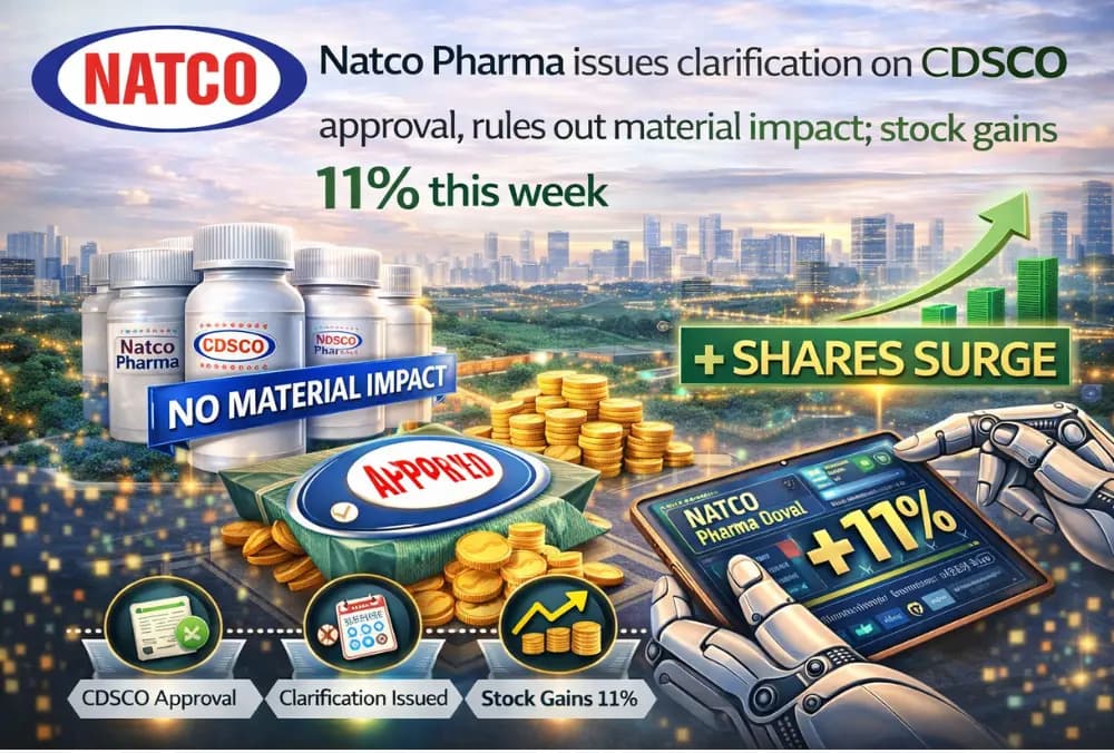 Natco Pharma ने CDSCO अनुमोदन पर स्पष्टीकरण जारी किया, महत्वपूर्ण प्रभाव को खारिज किया; इस सप्ताह शेयर में 11% की बढ़त।