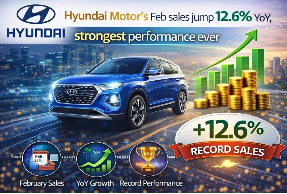 Hyundai Motor की फरवरी बिक्री में 12.6% की सालाना बढ़त, अब तक का सबसे मजबूत प्रदर्शन दिखाया।