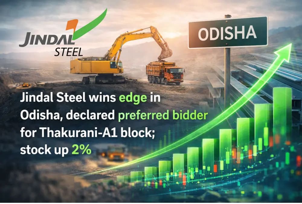 Jindal Steel को ओडिशा में बढ़त, Thakurani-A1 ब्लॉक के लिए प्रिफर्ड बिडर घोषित हुआ, शेयर में 2% की बढ़त।