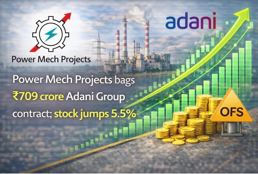 Power Mech Projects को Adani Group से ₹709 करोड़ का कॉन्ट्रैक्ट मिलने के बाद; शेयर में 5.5% की बढ़त।