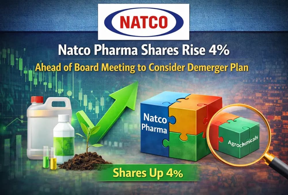 Natco Pharma के शेयर बोर्ड मीटिंग से पहले 4% की बढ़त, जिसमें डिमर्जर प्लान पर विचार होगा।