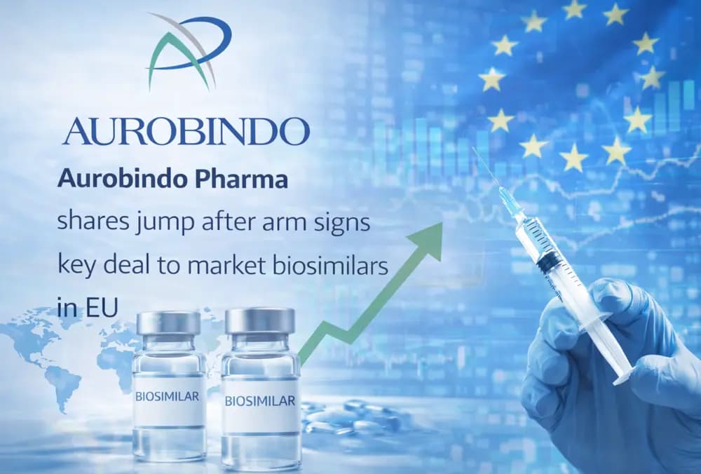 Aurobindo Pharma के शेयर बढ़े जब सहायक कंपनी ने EU में बायोसिमिलर मार्केट करने के लिए प्रमुख डील साइन की।
