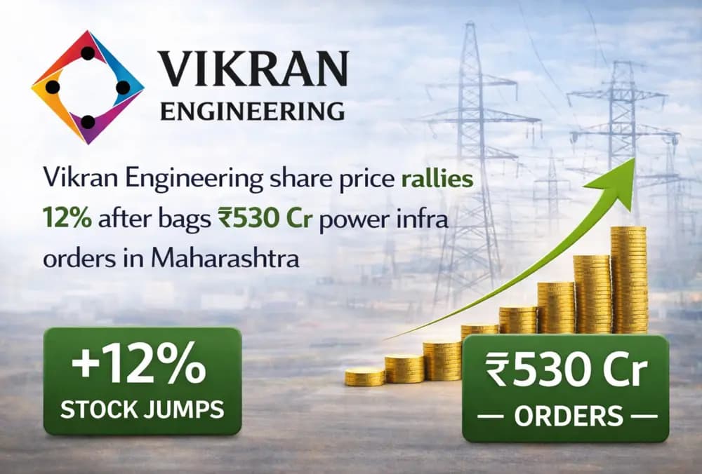 Vikran Engineering के शेयर में 12% का उछाल, महाराष्ट्र में ₹530 करोड़ के पावर इंफ्रा ऑर्डर जीतने के बाद।