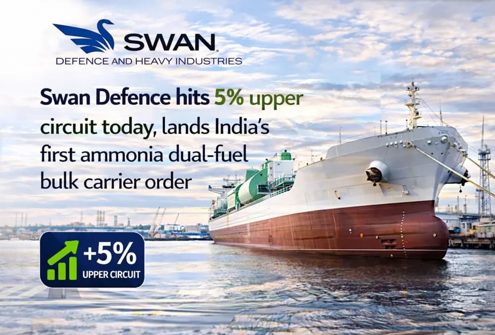 Swan Defence का शेयर आज 5% अपर सर्किट पहुंचा, भारत का पहला अमोनिया ड्यूल-फ्यूल बल्क कैरियर ऑर्डर हासिल करने के बाद ।