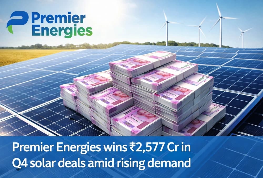 Premier Energies ने बढ़ती मांग के बीच Q4 सोलर डील्स में ₹2,577 करोड़ के ऑर्डर जीते।