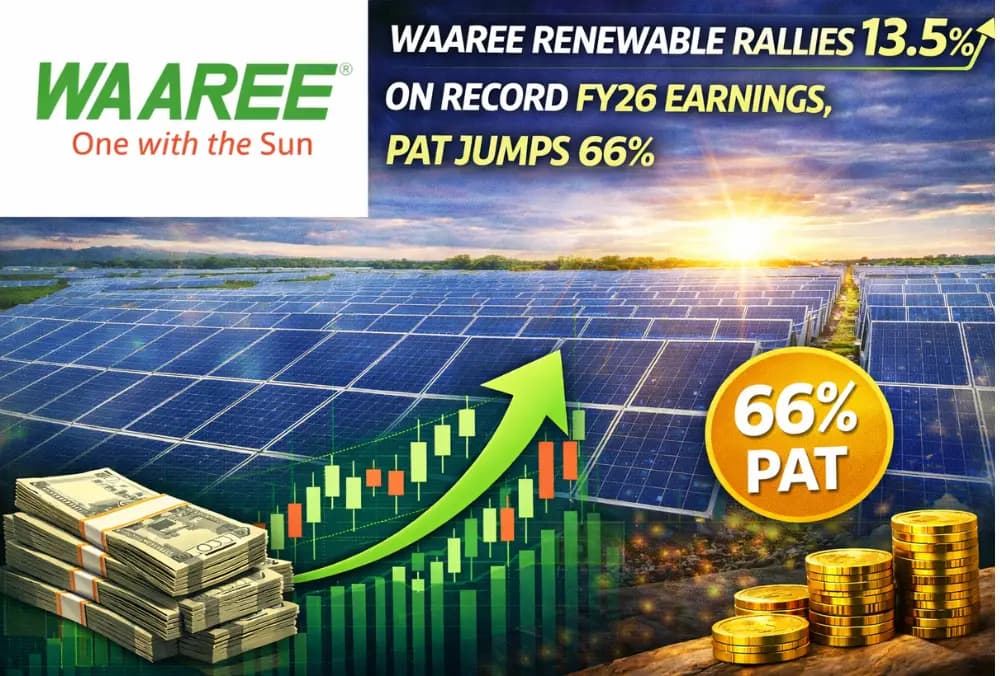 Waaree Renewable के शेयर में 13.5% की तेजी, रिकॉर्ड FY26 कमाई पर PAT 66% बढ़ा।