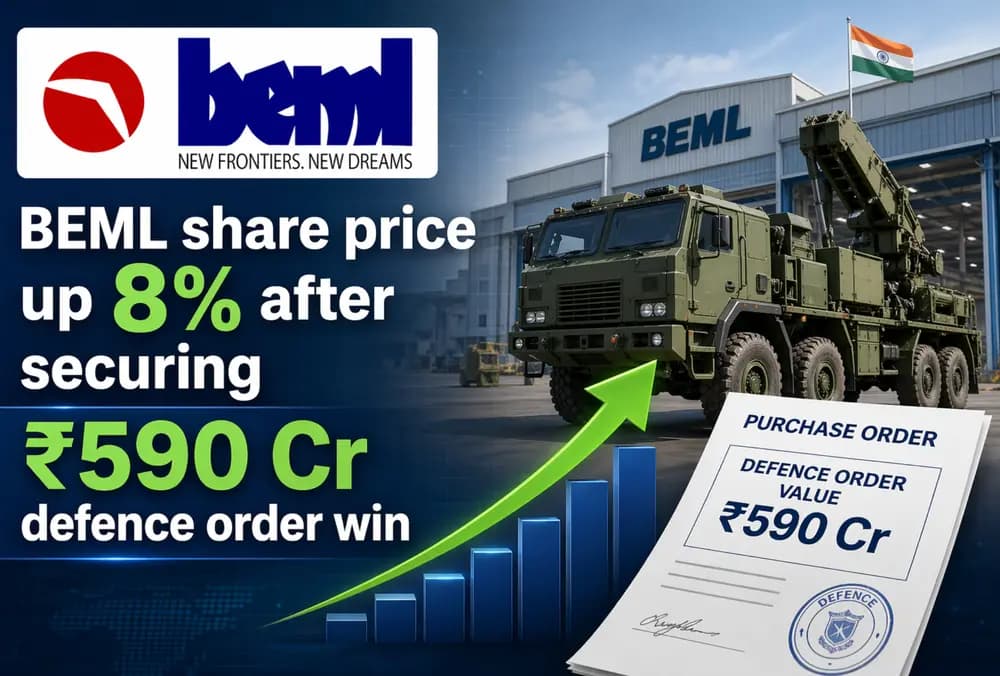 BEML के शेयर में 8% की बढ़त, ₹590 करोड़ के डिफेंस ऑर्डर मिलने के बाद।